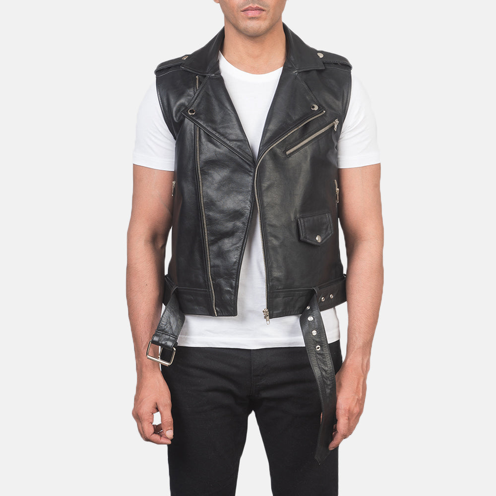 Black Leather Biker Vest - Waist Belt