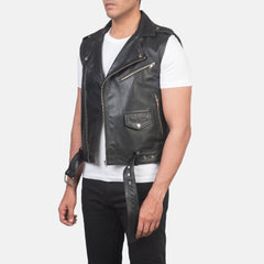 Black Leather Biker Vest - Waist Belt