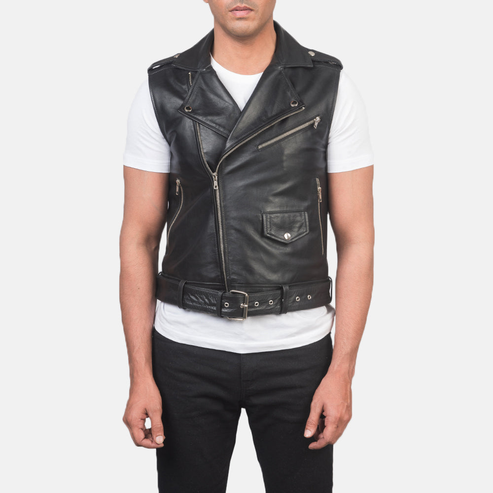 Black Leather Biker Vest - Waist Belt