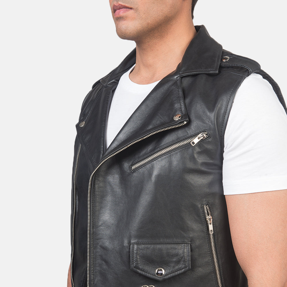 Black Leather Biker Vest - Waist Belt