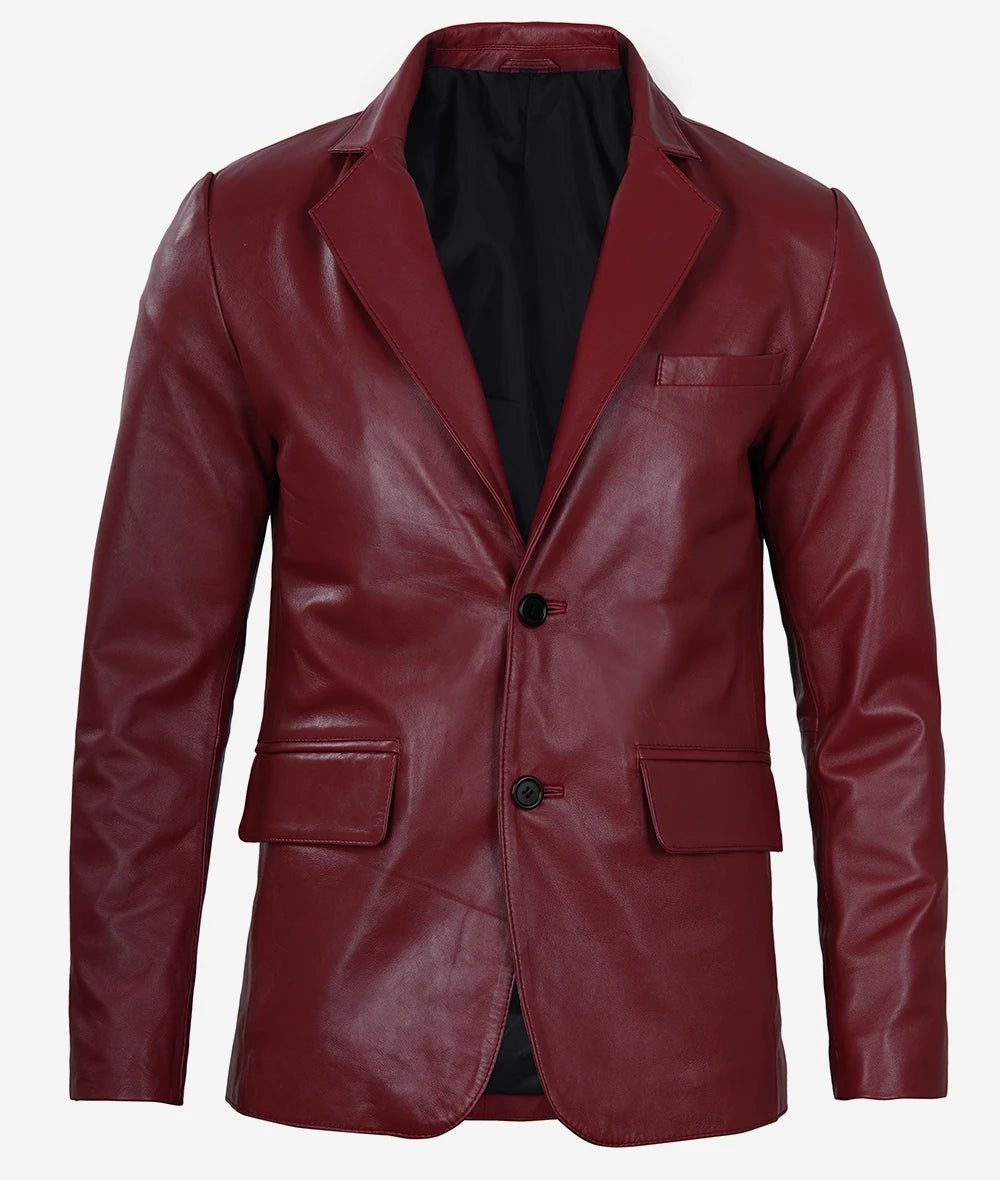 Plush Polyester Lining Maroon Leather Blazer