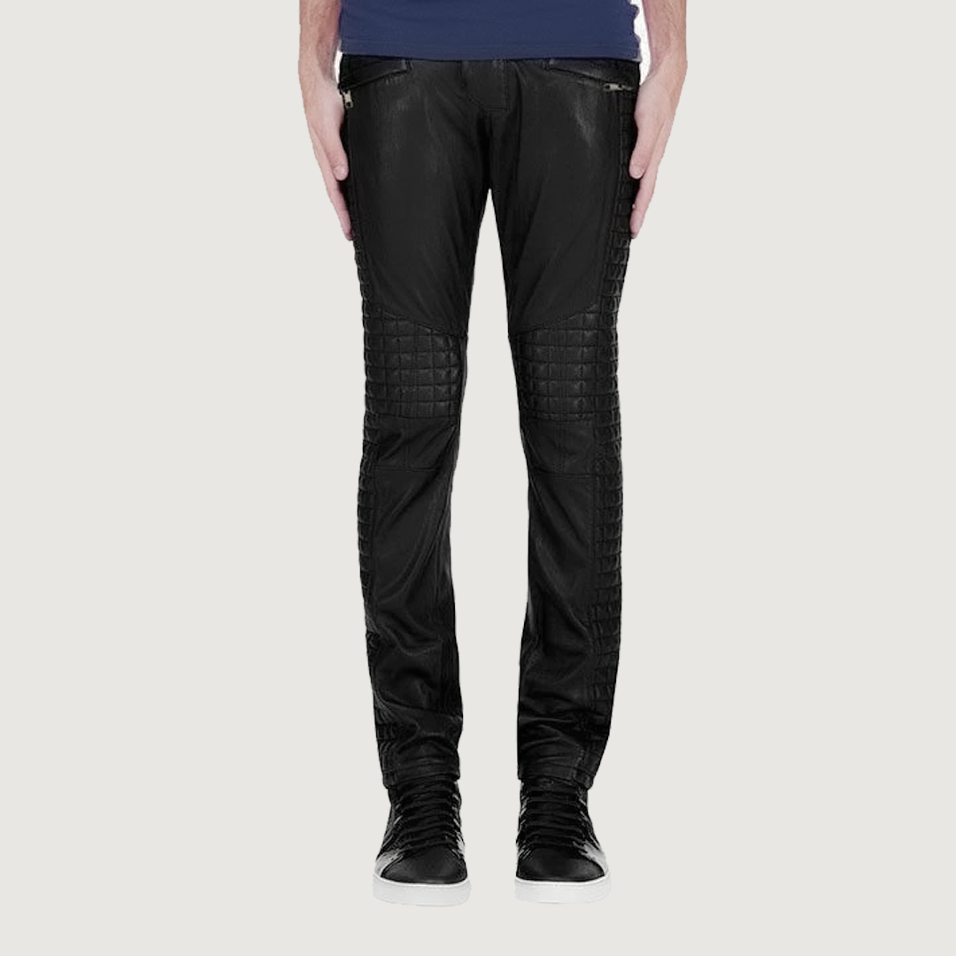 Waist Belted Black Leather Biker Pants