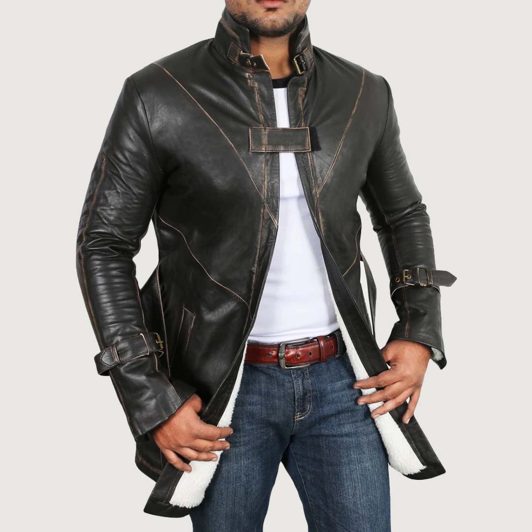Men's Genuine Cow Rub Off Leather Coat (Trench Coat)