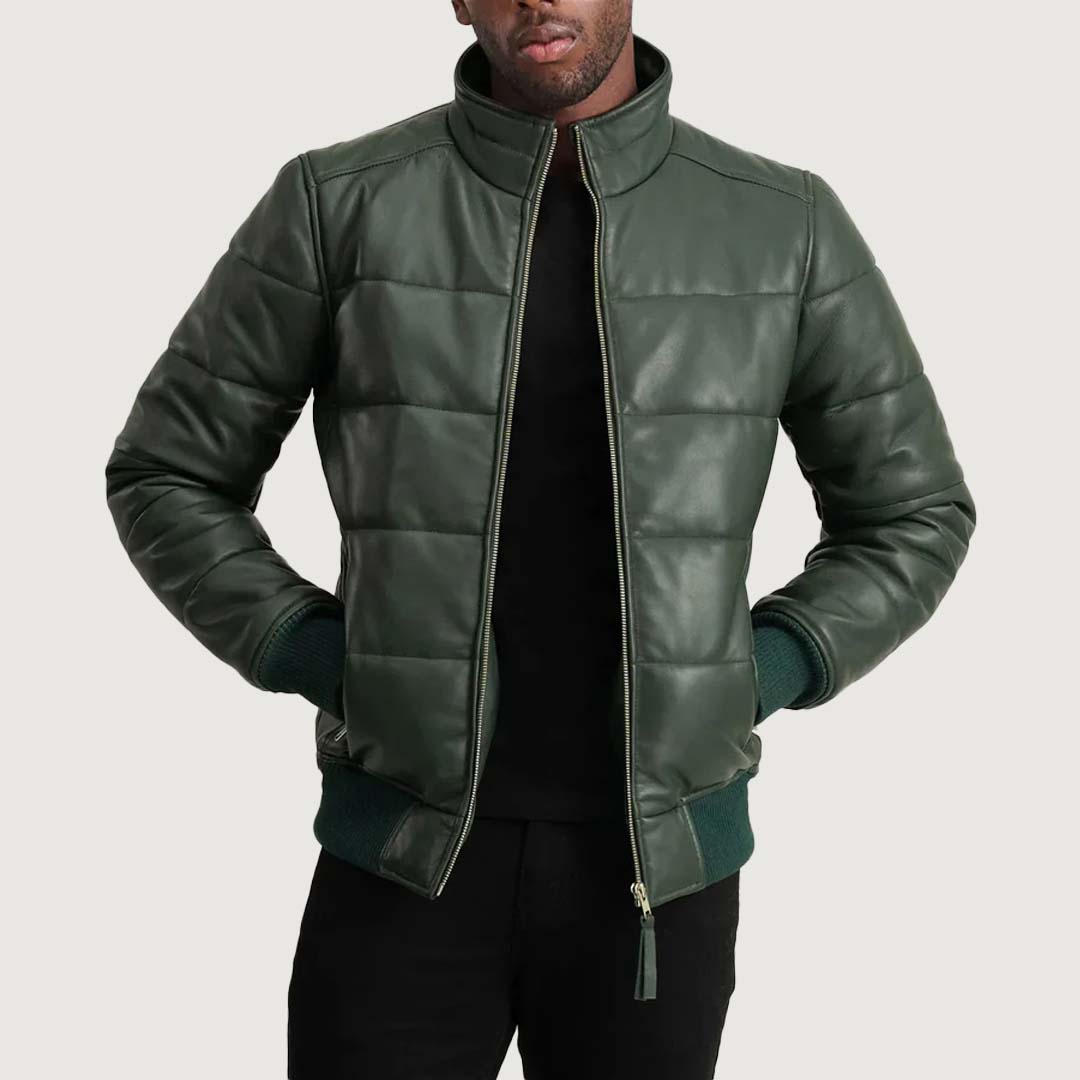 Lucas Green Leather Puffer Bomber Jacket