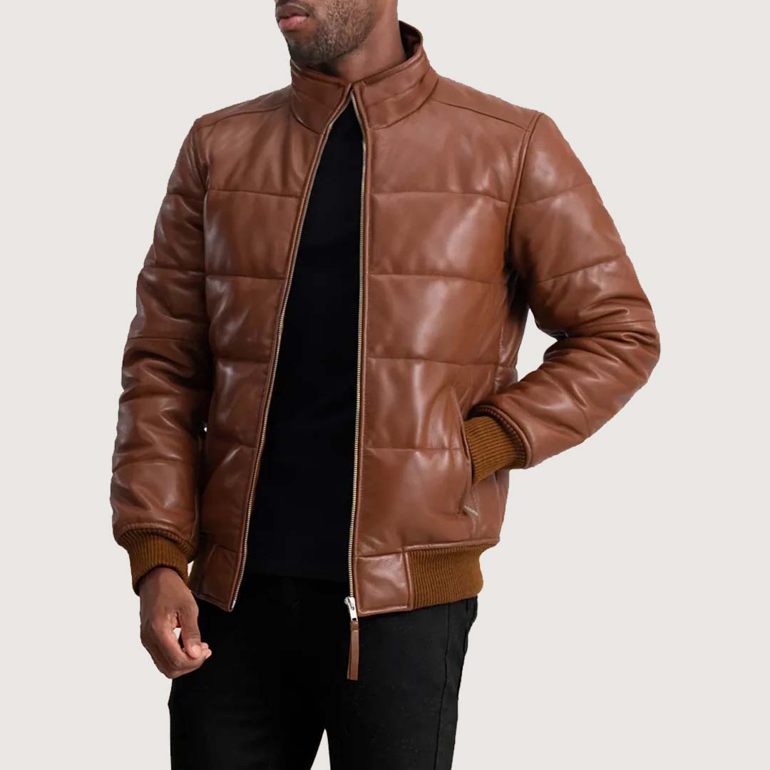 Lucas Brown Leather Puffer Bomber Jacket