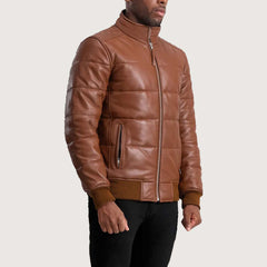 Lucas Brown Leather Puffer Bomber Jacket