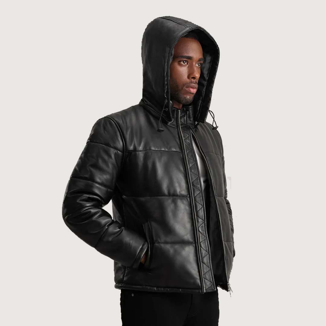 Gordon Black Hooded Leather Puffer Jacket