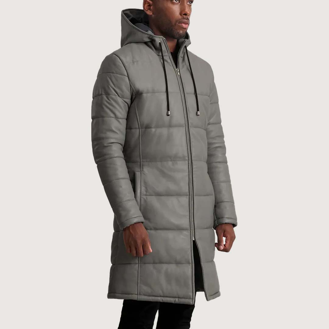 Floyd Grey Hooded Leather Puffer Coat