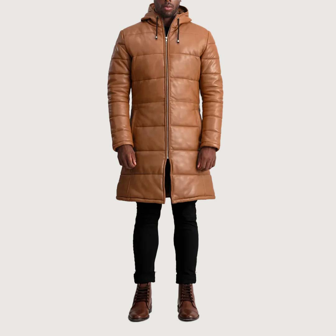 Floyd Tan Hooded Leather Puffer Coat