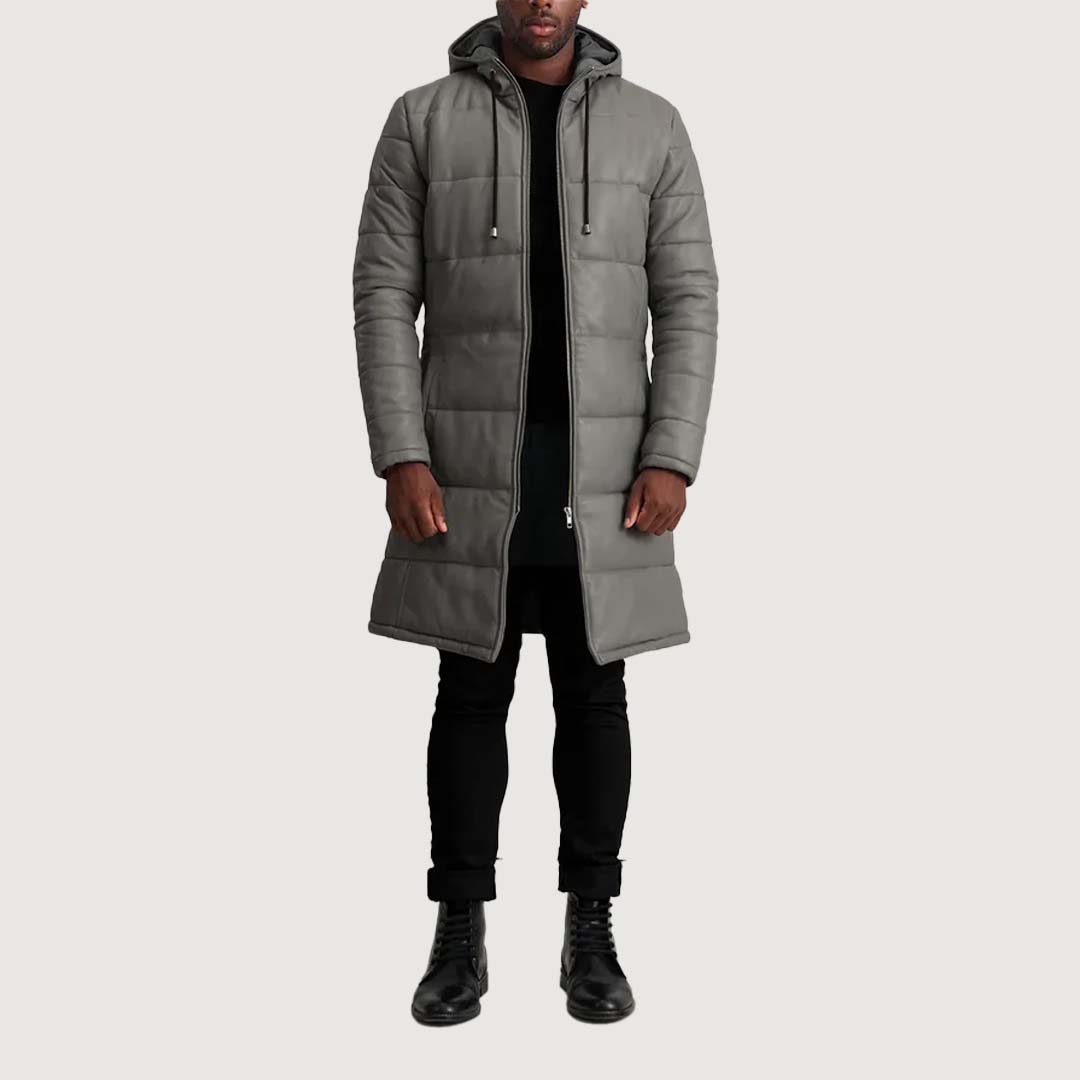 Floyd Grey Hooded Leather Puffer Coat