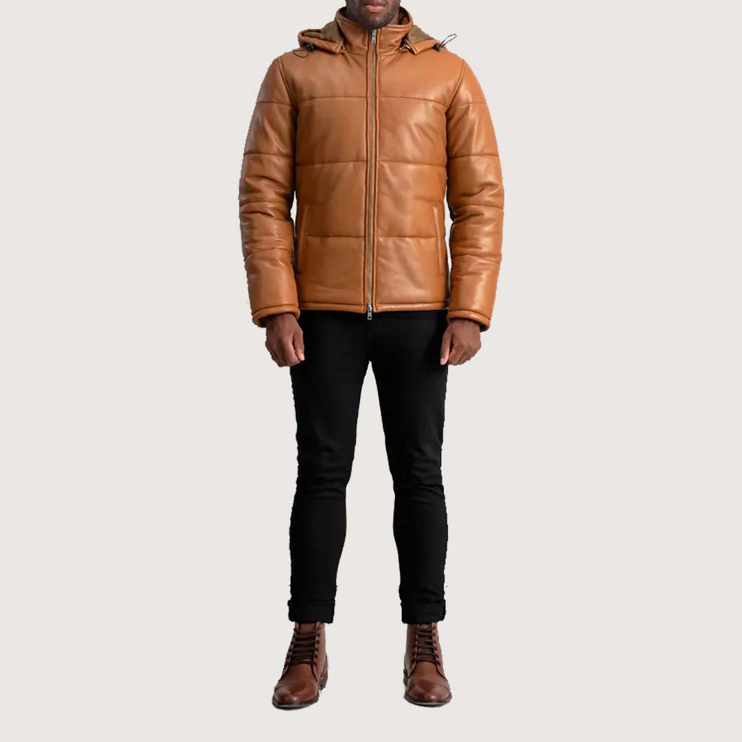 Gordon Tan Hooded Leather Puffer Jacket