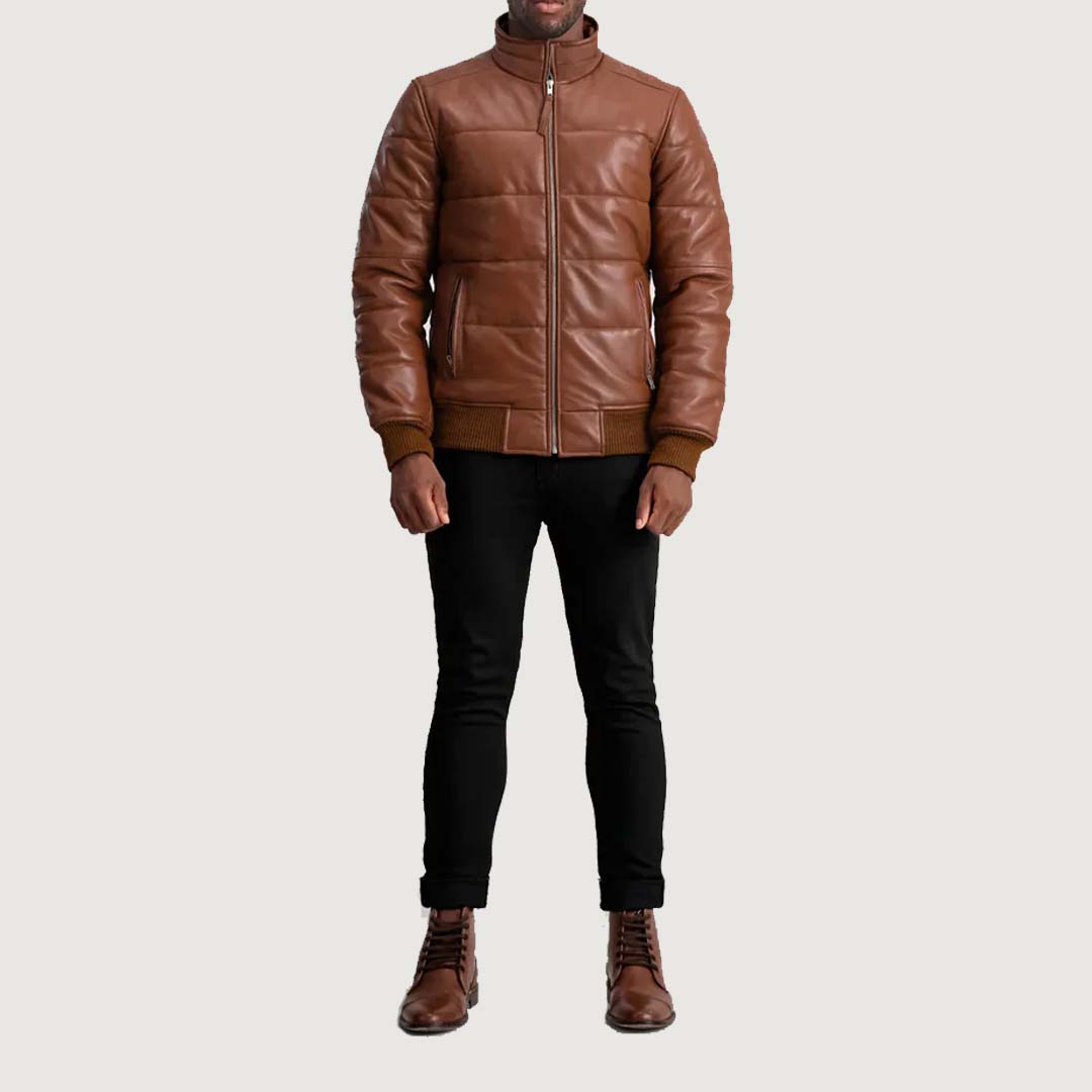 Lucas Brown Leather Puffer Bomber Jacket