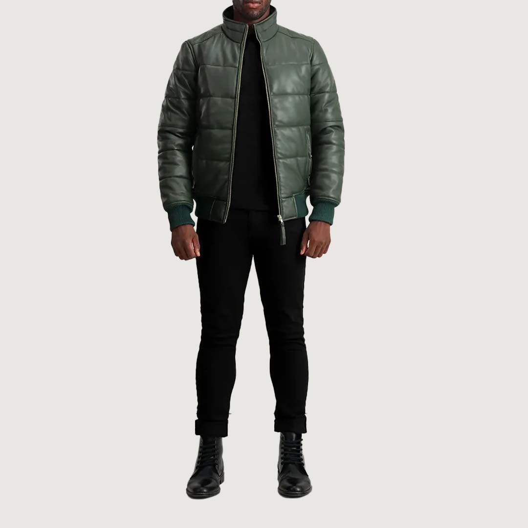 Lucas Green Leather Puffer Bomber Jacket