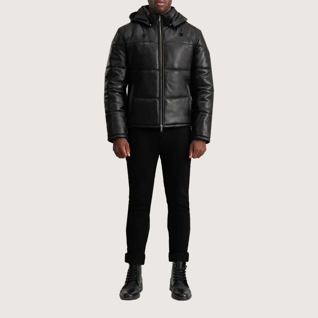 Gordon Black Hooded Leather Puffer Jacket