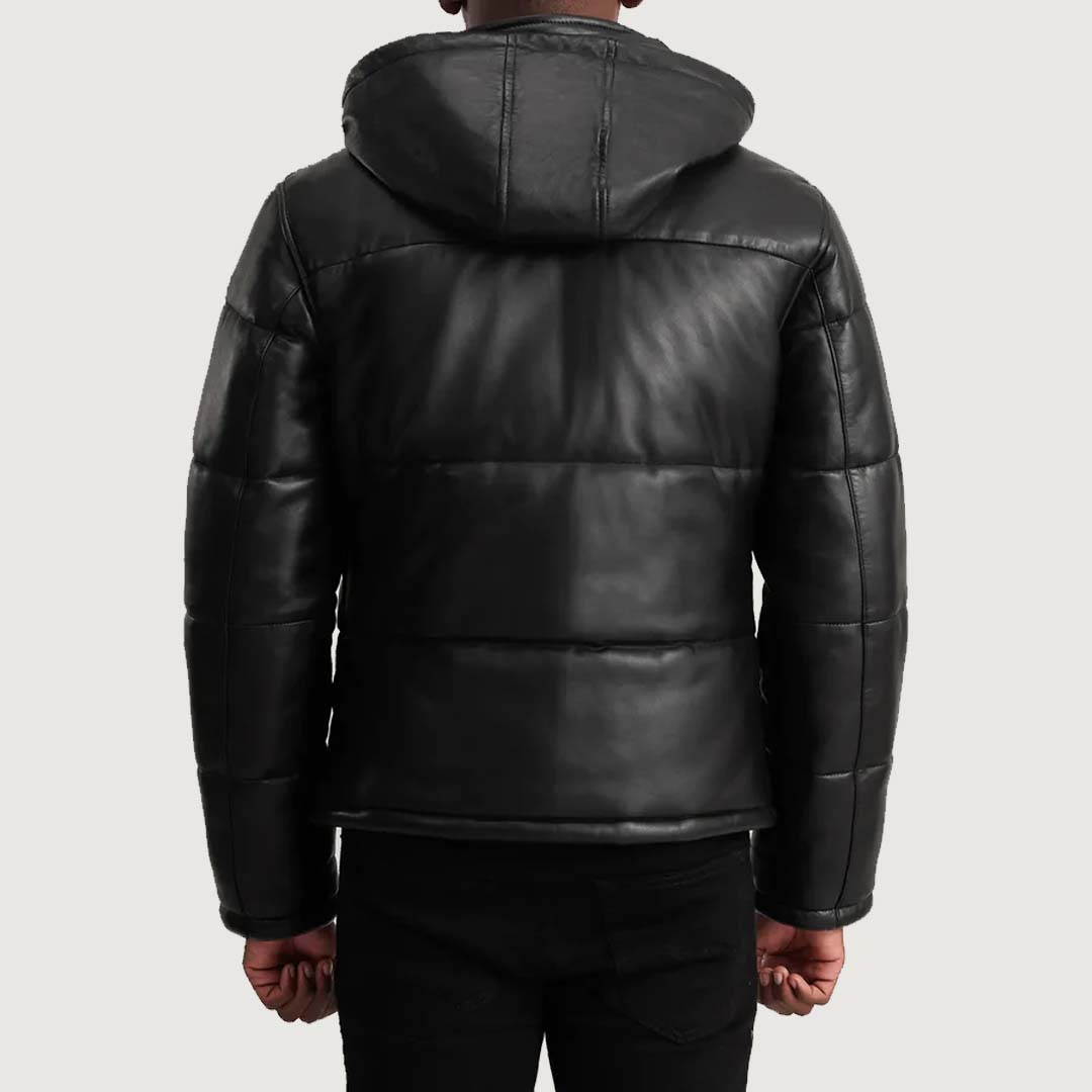 Gordon Black Hooded Leather Puffer Jacket