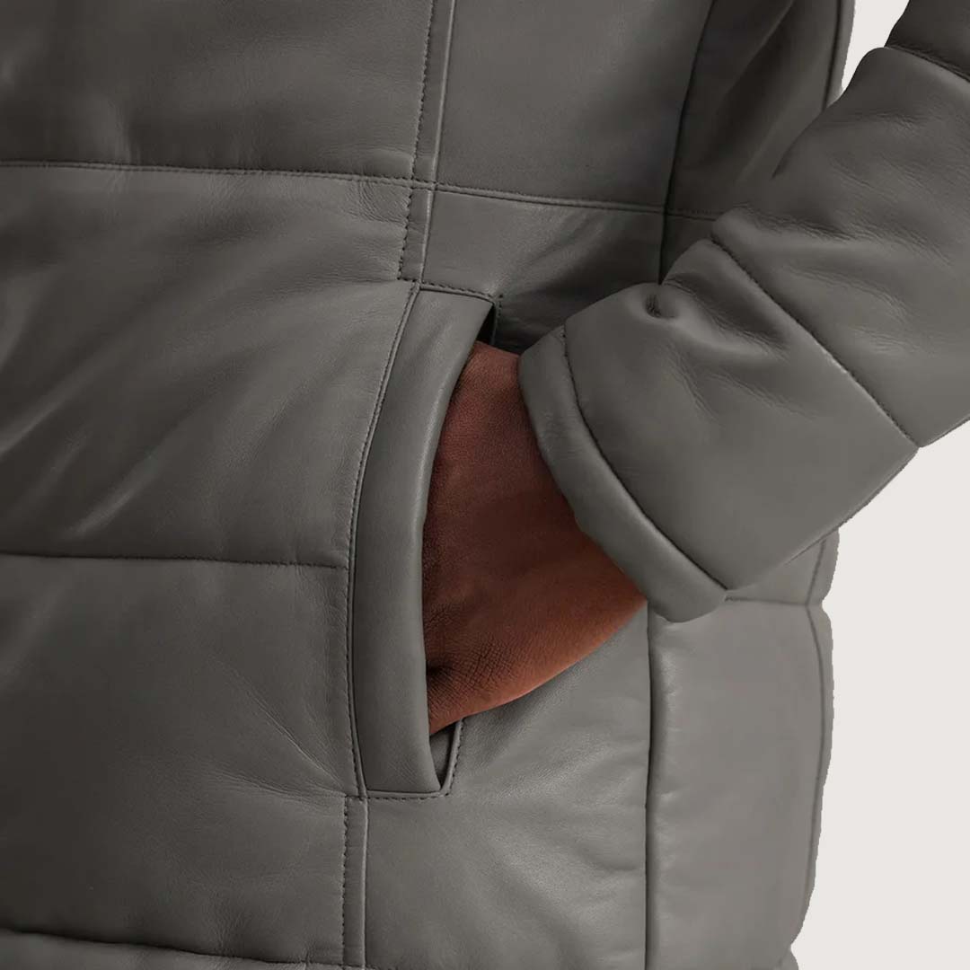 Floyd Grey Hooded Leather Puffer Coat