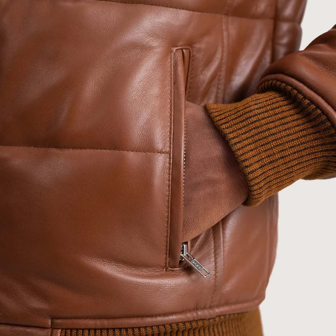 Lucas Brown Leather Puffer Bomber Jacket