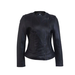 Women Round Necked Black Leather Jacket