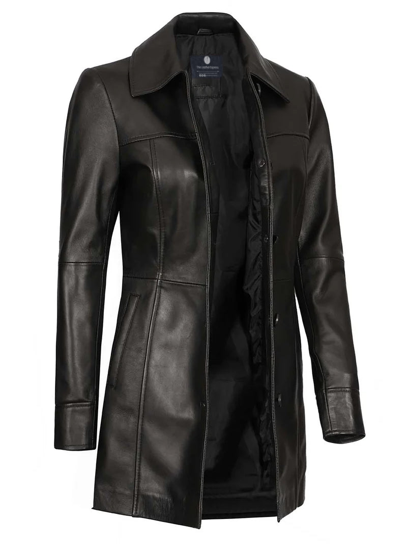 Kandis Womens Black Leather Car Coat