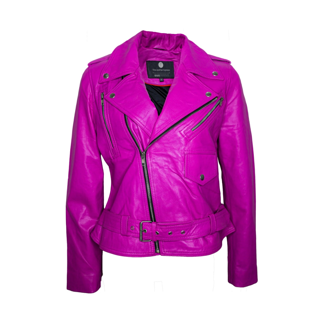 Womens Classy Belted Hot Pink Leather Jacket