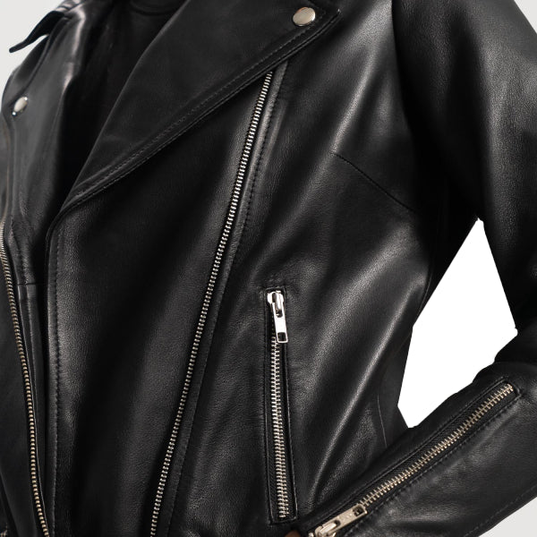 Black Sheepskin Leather Women Zipper Jacket