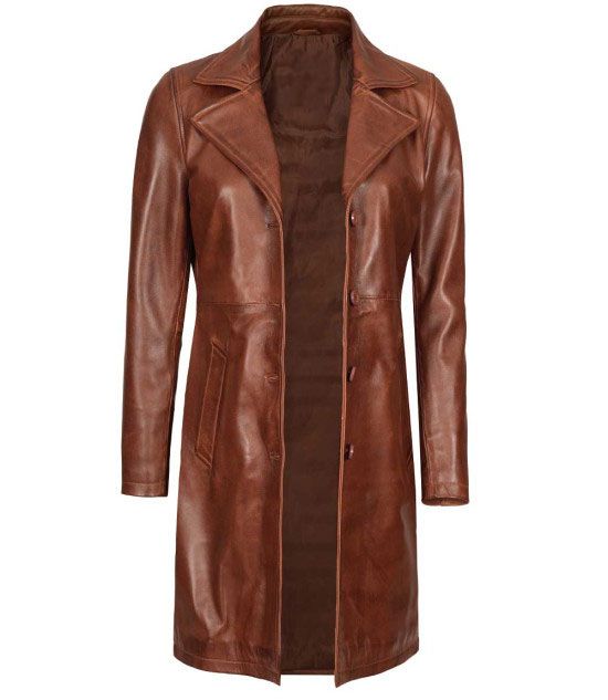 Bryson Womens Cognac Brown Leather Car Coat