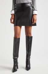 Edge Line Side Button Faux Leather Skirt