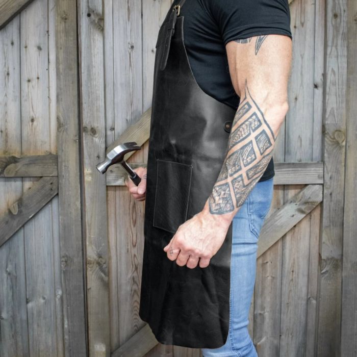 DOUBLE POCKET LEATHER APRON - BLACK