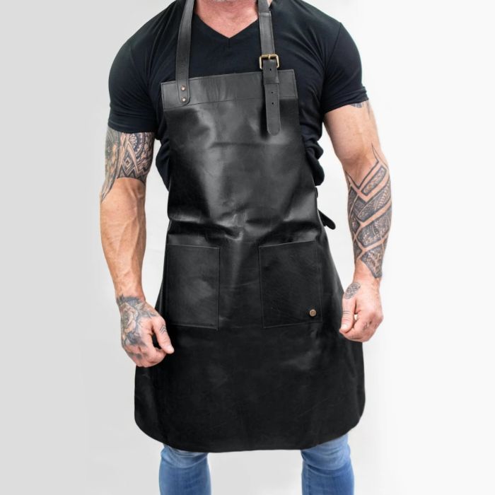 DOUBLE POCKET LEATHER APRON - BLACK