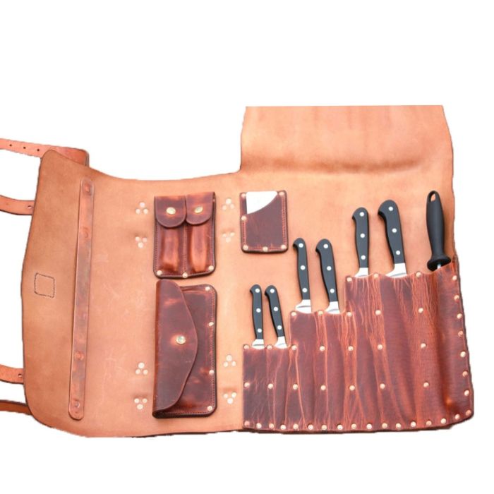 DARK TAN LEATHER CHEF KNIFE ROLL