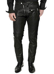 MEN CROSS FRONT ZIPPER LEATHER PANTS