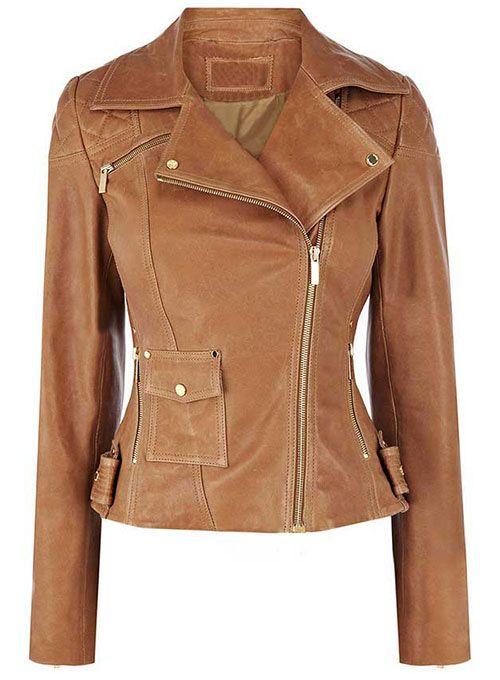 LADIES TAN BIKER LEATHER JACKET