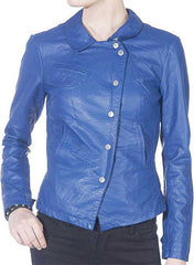 WOMENS FOUR POCKETS GENUINE BLUE LEATHER JACKET