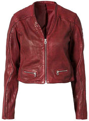 WOMENS MAROON CAFE RACER LEATHER JACKET