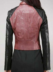 WOMEN ROUND NECK REAL LAMBSKIN CHERRY RED LEATHER JACKET