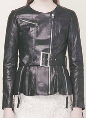 WOMEN'S COLLARLESS MOTO LEATHER JACKET