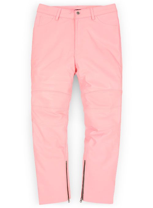 LIGHT PINK LEATHER BIKER JEANS