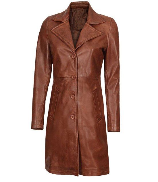 Bryson Womens Cognac Brown Leather Car Coat