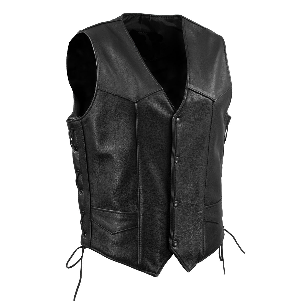 Men's Black Motorcycle Leather Vest - Buster Side Lace