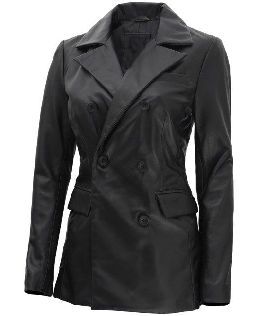 Breanna Women Double Breasted Black Leather Blazer