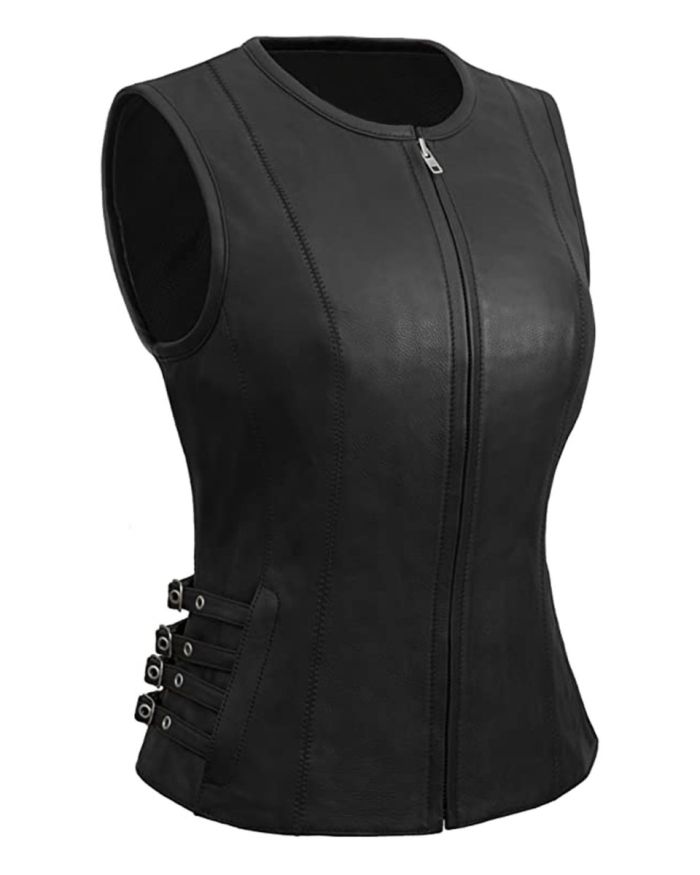 WOMEN'S FRONT ZIP CLOSURE BIKER LEATHER VEST