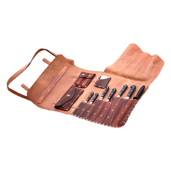 DARK TAN LEATHER CHEF KNIFE ROLL