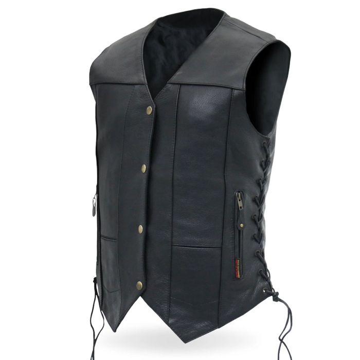 LADIES BLACK MOTORCYCLE TEN POCKET LEATHER BIKER VEST