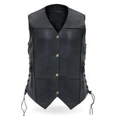 LADIES BLACK MOTORCYCLE TEN POCKET LEATHER BIKER VEST