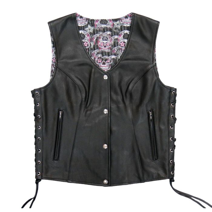 SUGAR SKULL LINED BLACK LEATHER VEST