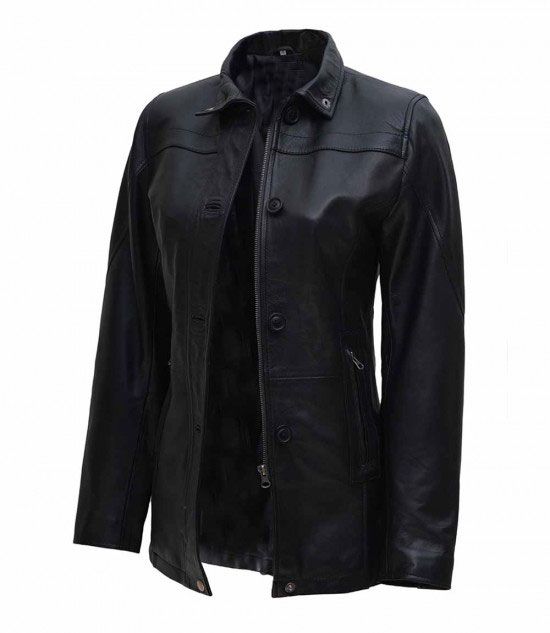 WOMENS BLACK ZIPPER LEATHER CAR COAT