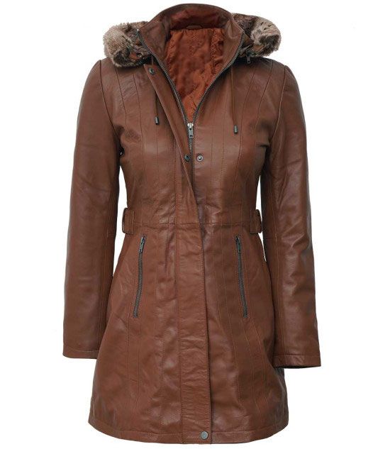 Womens Zipper Button Brown Leather Long Coat