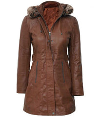Womens Zipper Button Brown Leather Long Coat