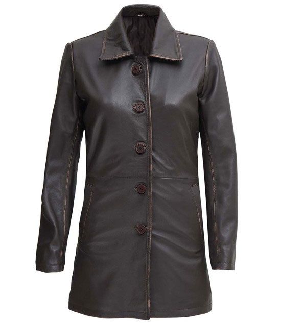 DARK BROWN WOMEN LEATHER CAR COAT