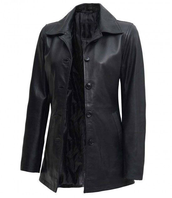 BLACK LEATHER CAR COAT WOMENS